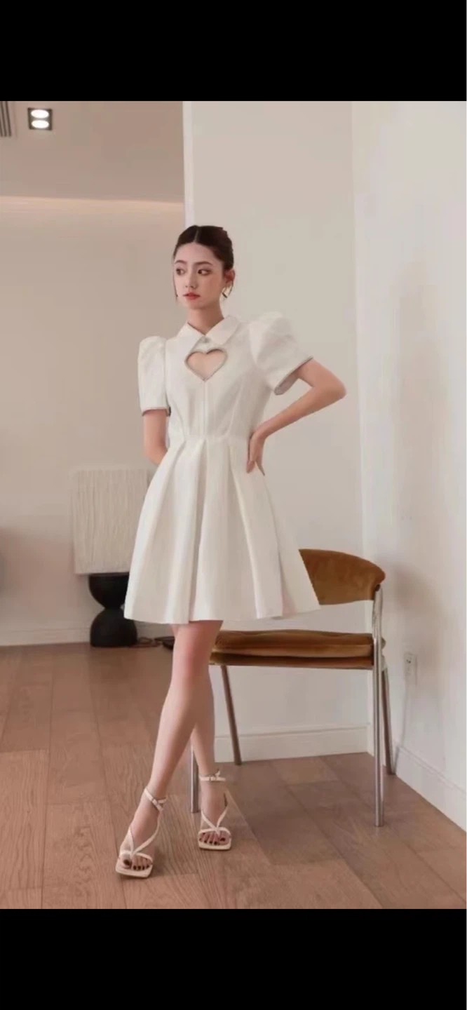 White Puff Sleeve Heart Cutout Dress