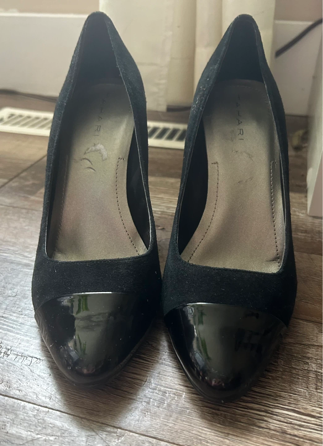 Tahari Black Suede Heels with Patent Cap Toe