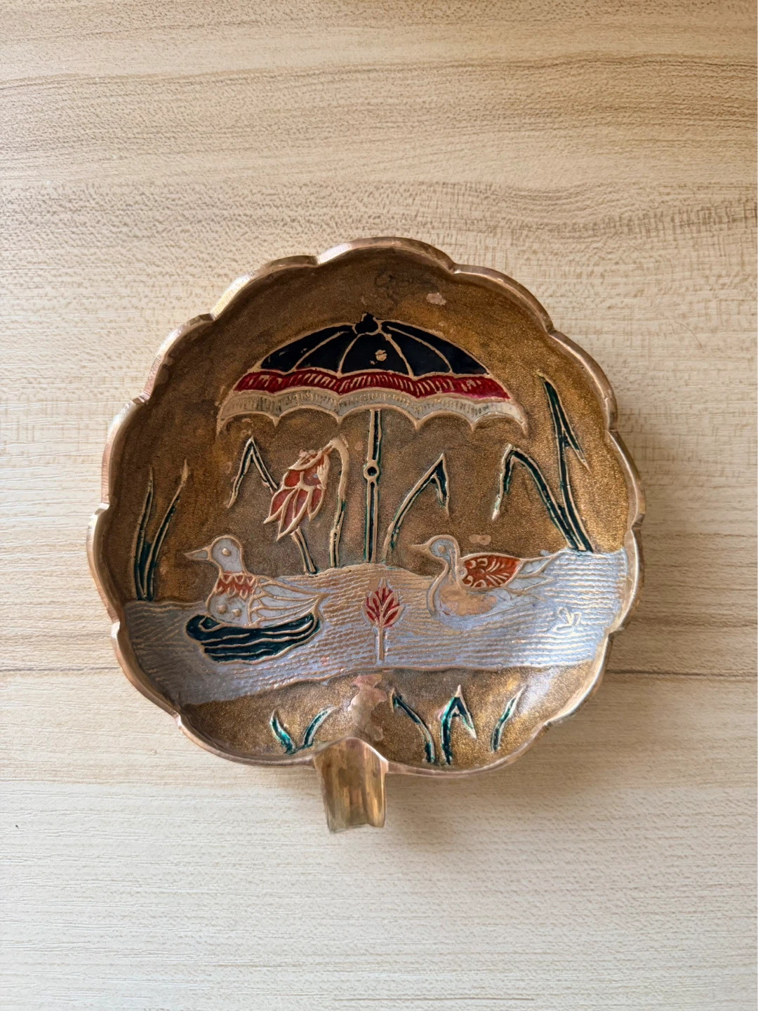 Decorative Trinket Dish with Duck and Umbrella Scene