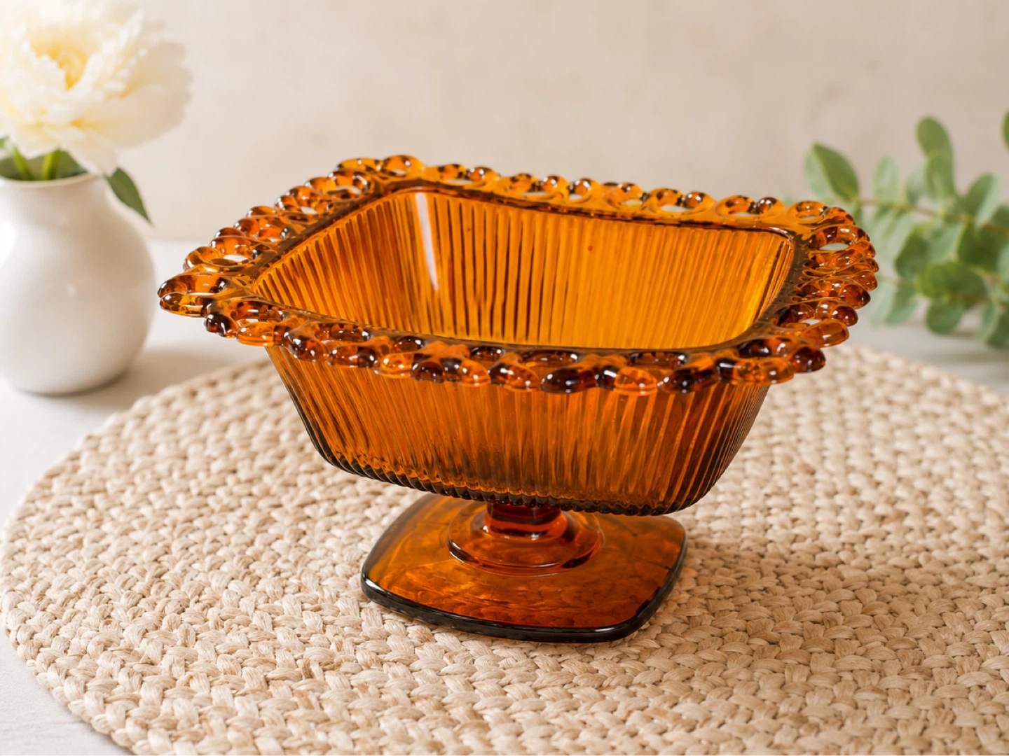 Amber Glass Footed Candy Dish