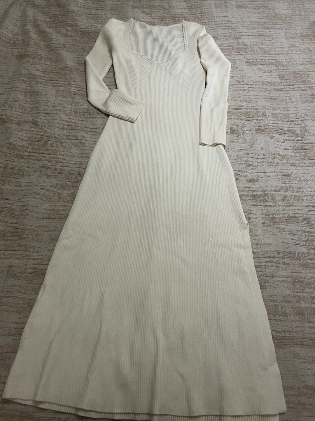 Cream Ribbed Long Sleeve Midi Dress