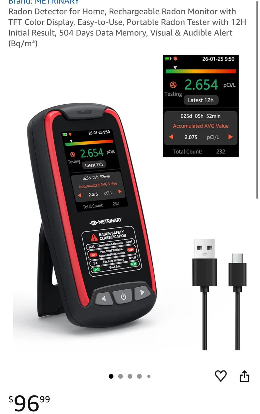 Metrinary Radon Monitor Detector TFT Color Display