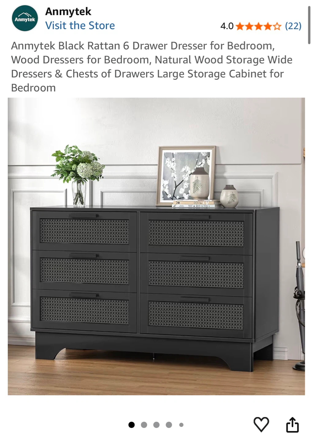 Anmytek Black 6 Drawer Dresser