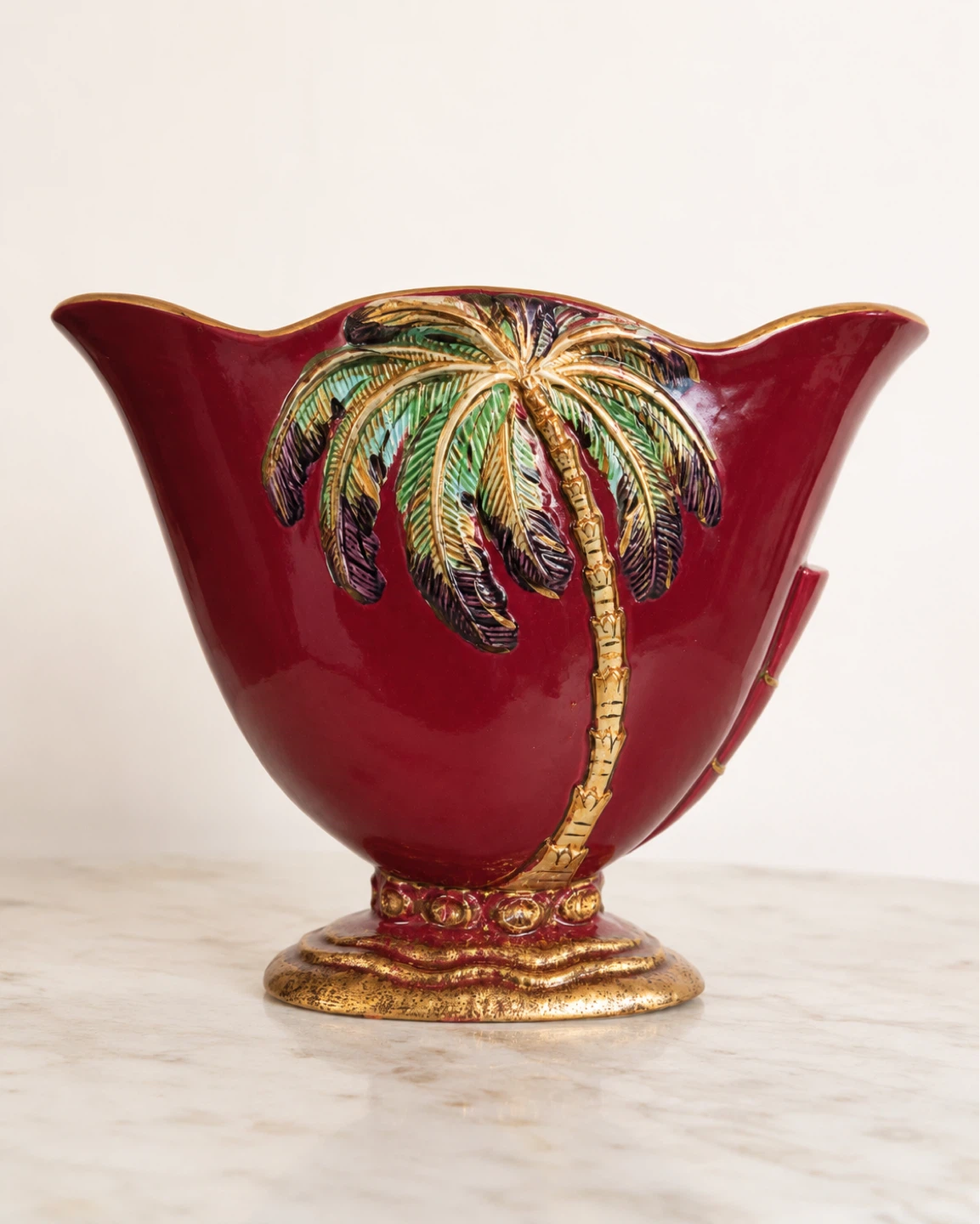 BESWICK England Red Ceramic Vase with Palm Tree Design
