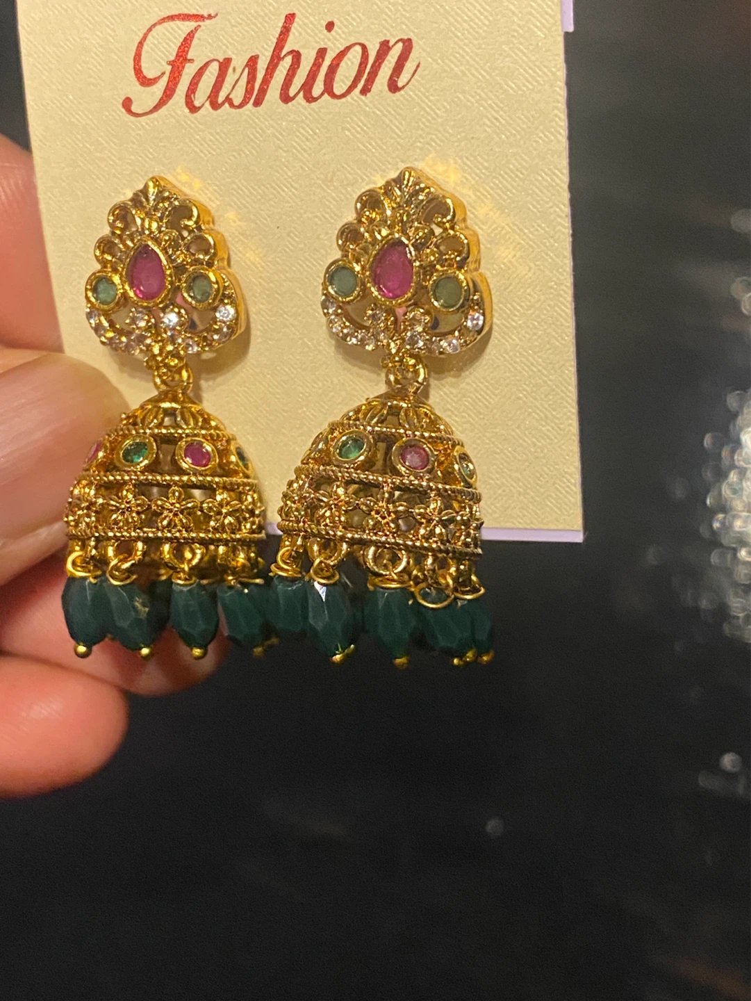 Gold-toned Jhumka Earrings with Red and Green Stones - photo 3