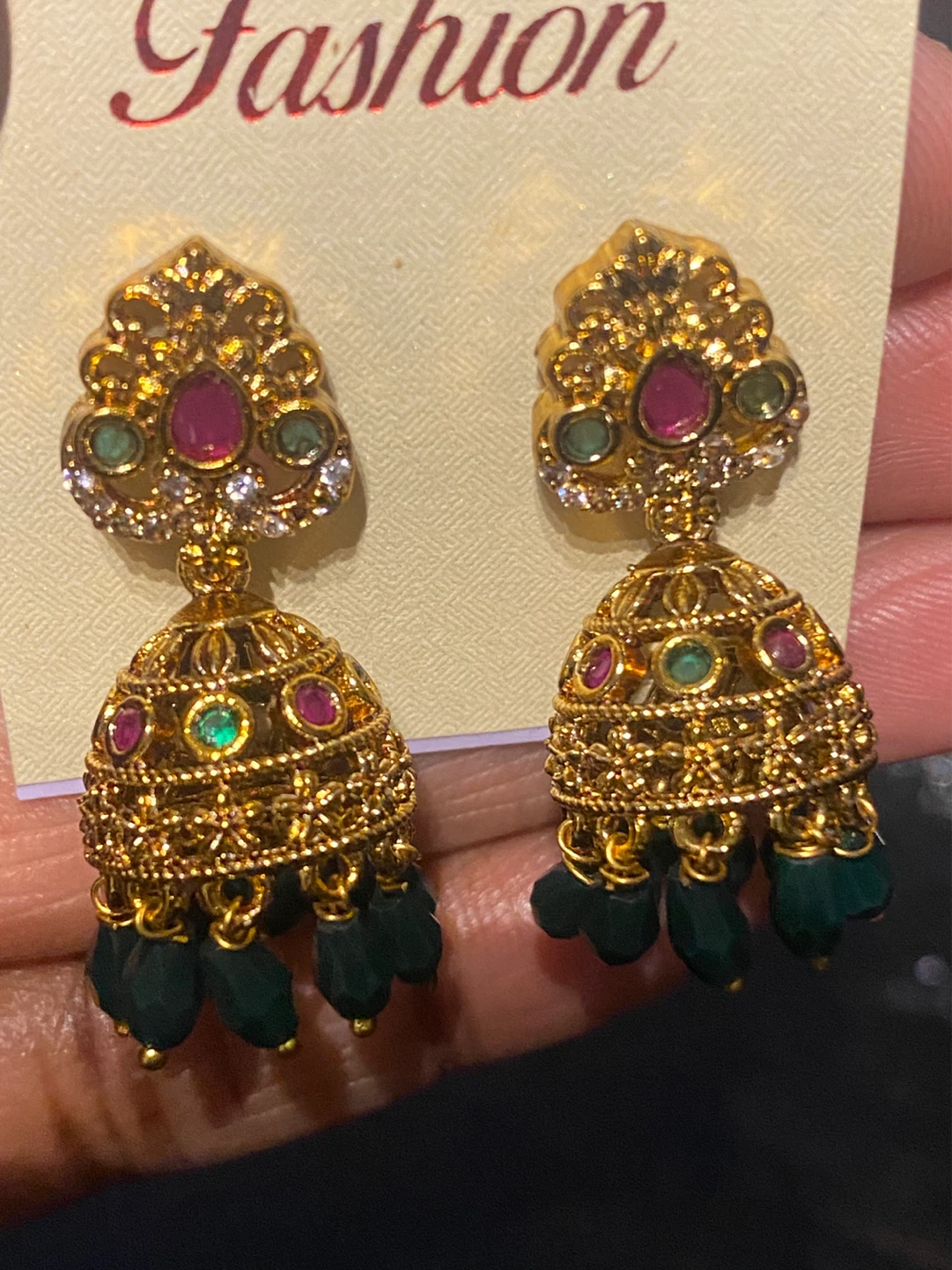 Gold-toned Jhumka Earrings with Red and Green Stones - photo 2
