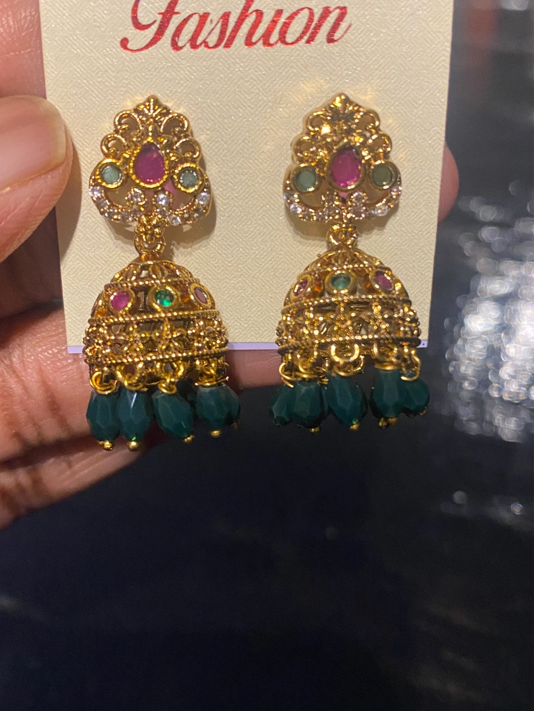 Gold-toned Jhumka Earrings with Red and Green Stones - photo 5