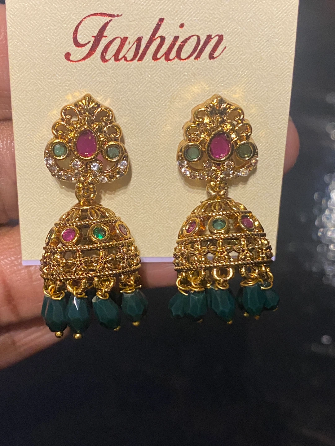 Gold-toned Jhumka Earrings with Red and Green Stones - photo 4