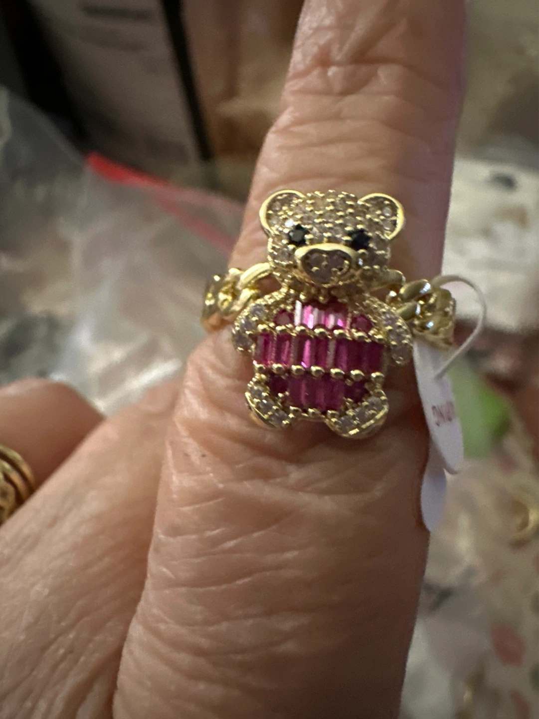 Teddy Bear Ring with Pink and Clear Stones