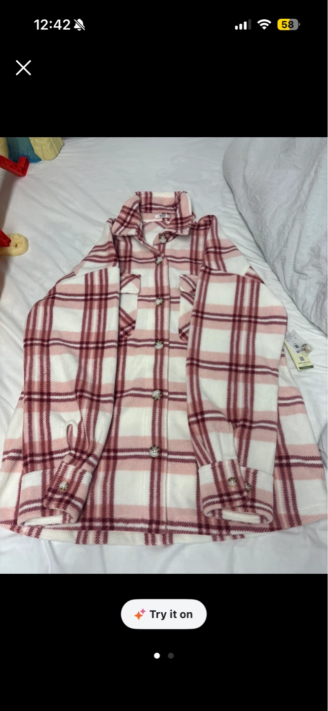 Pink and White Plaid Flannel Shirt Jacket