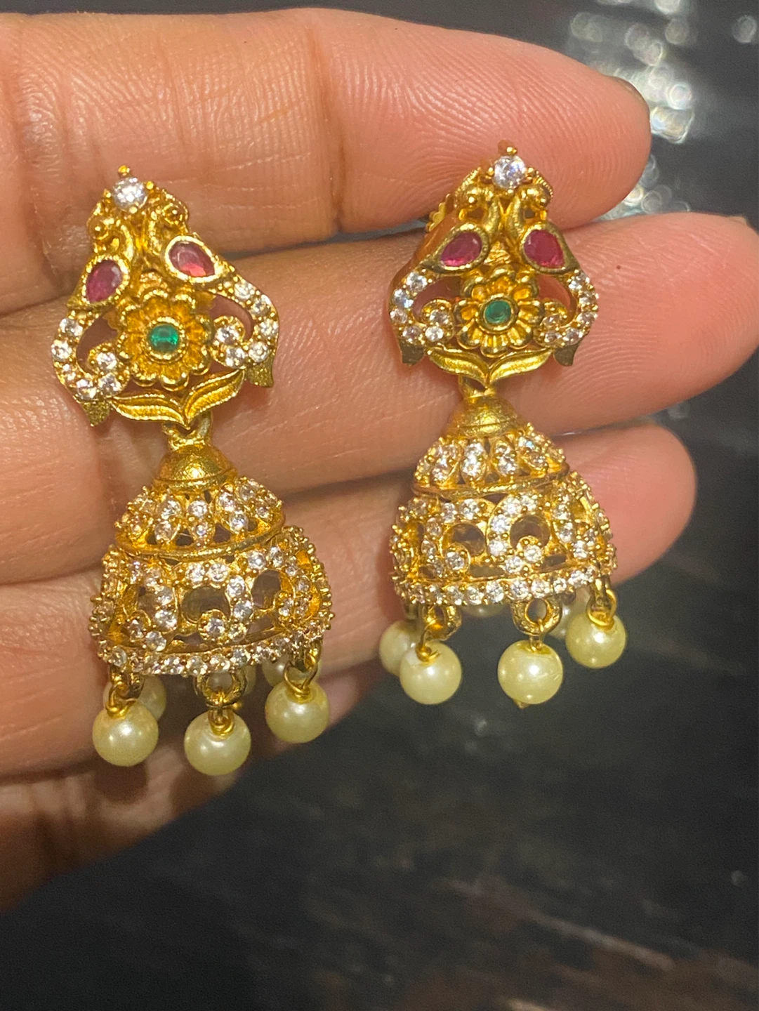 Gold Jhumka Earrings with Pearls