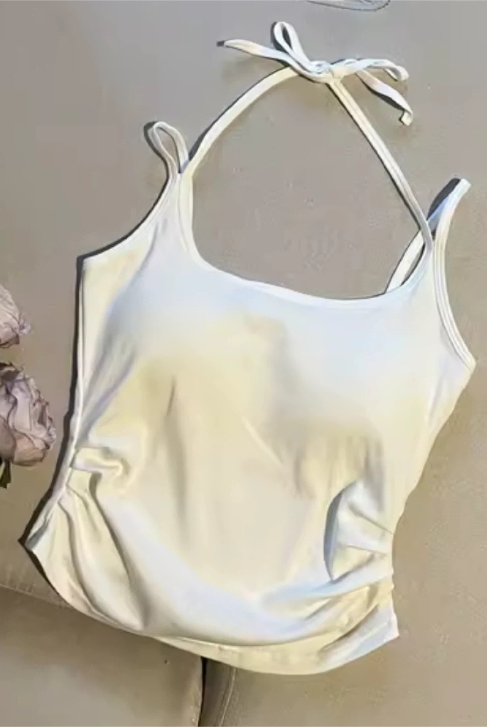White Ruched Double Strap Tank Top with Built-In Foam Padding