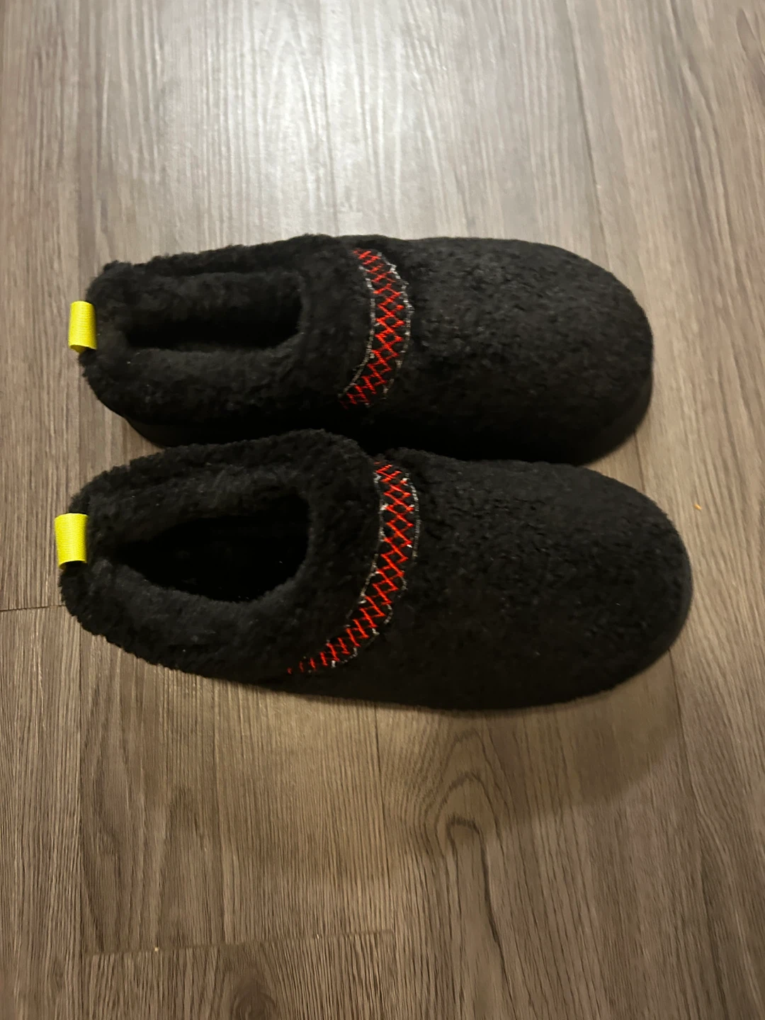Black Fuzzy Slippers with Red Trim