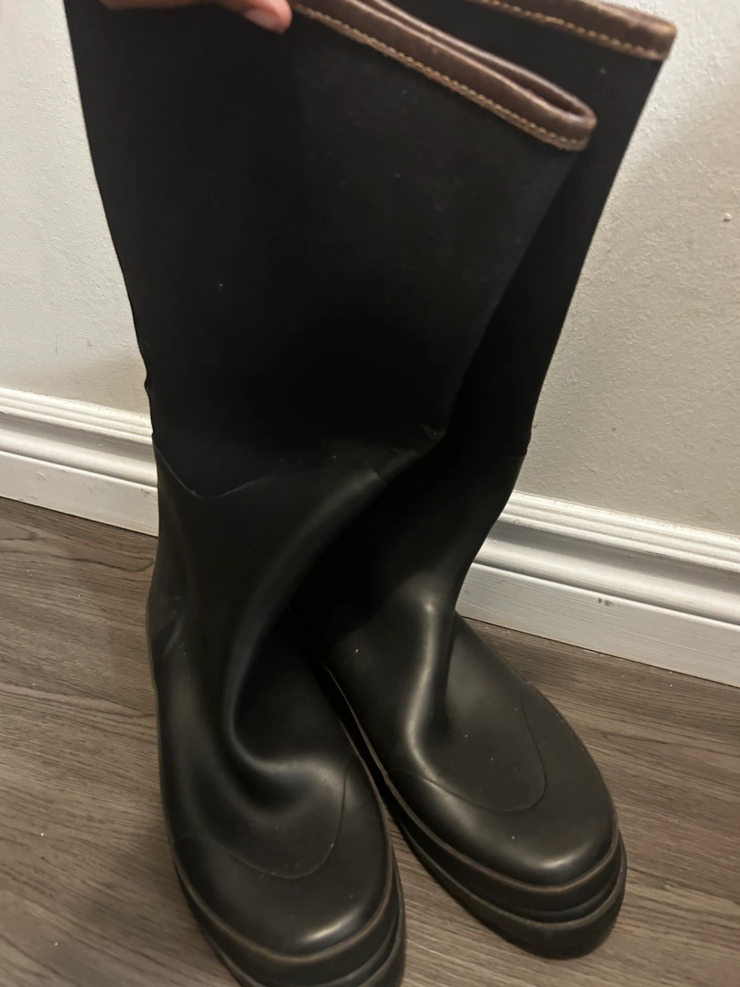 Black Knee-High Boots with Brown Trim - photo 3