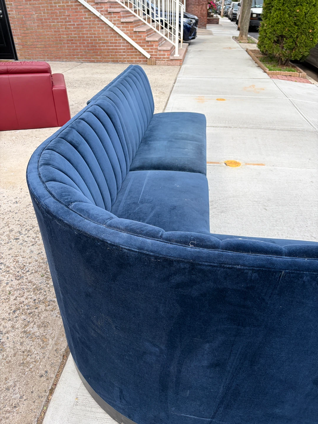 Navy Blue Channel Tufted Curved Sofa