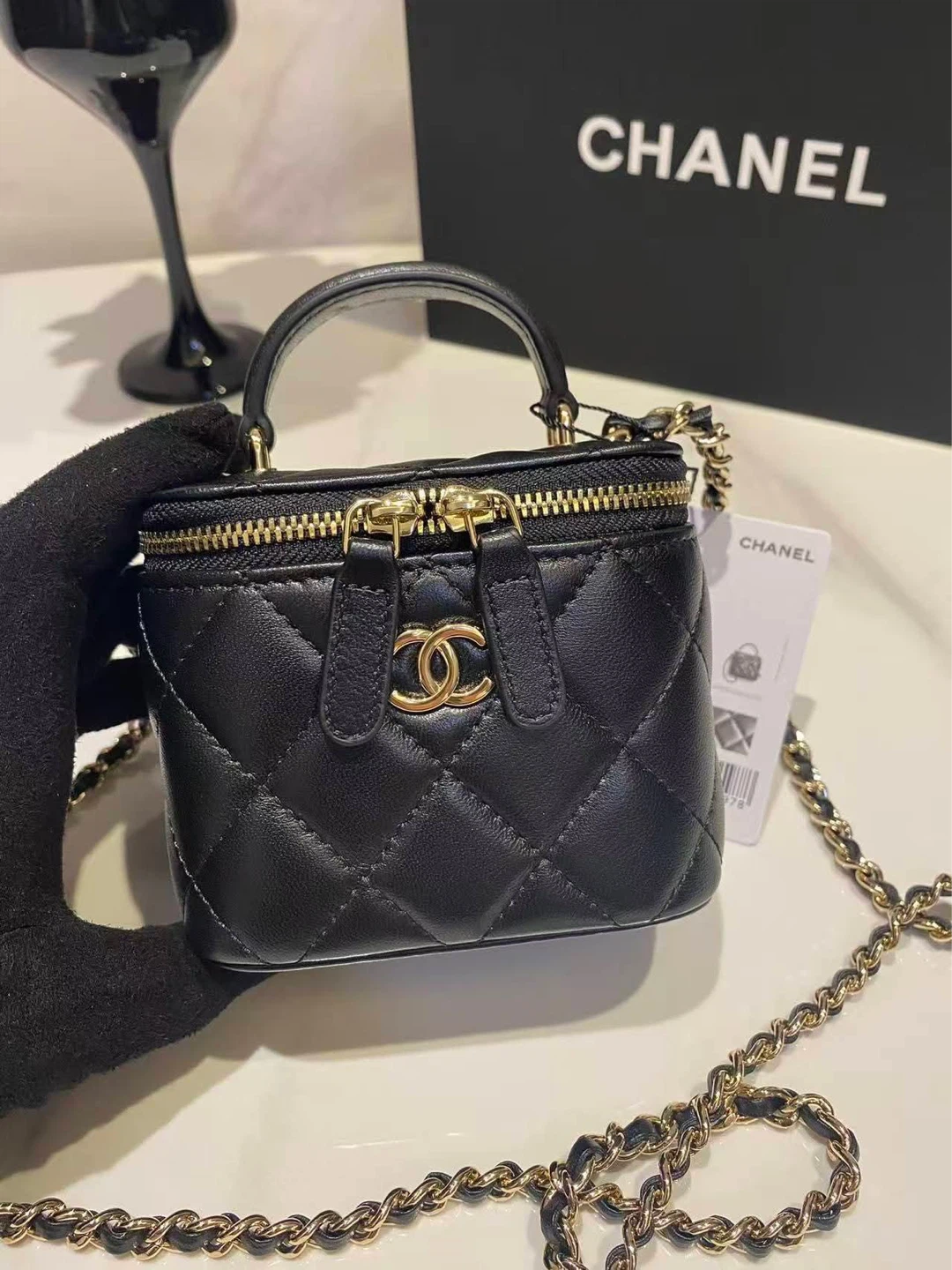 CHA.NEL.** Black Quilted Leather Vanity Case
