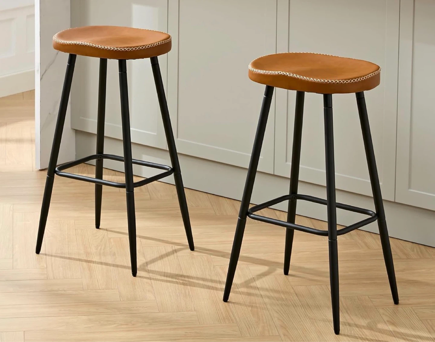 28" Seat Height Barstools - Brown Faux Leather & Black Metal