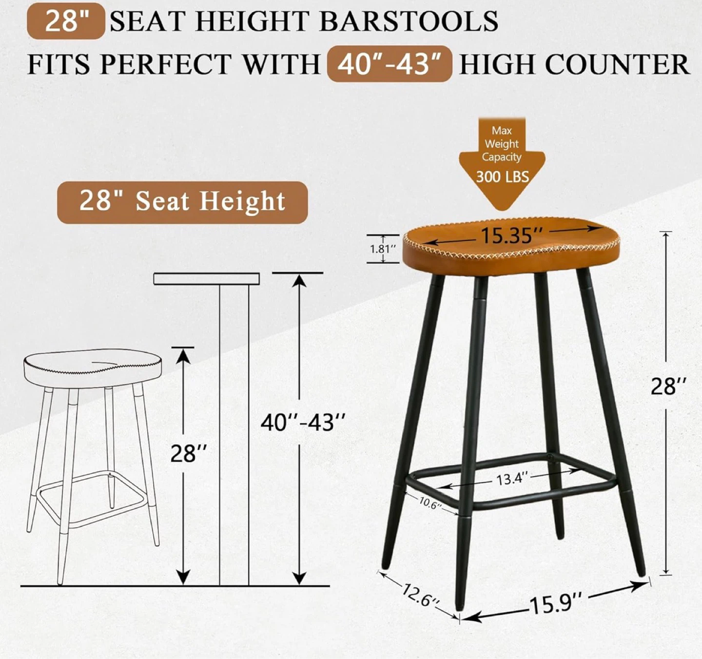 28" Seat Height Barstools - Brown Faux Leather & Black Metal - photo 2
