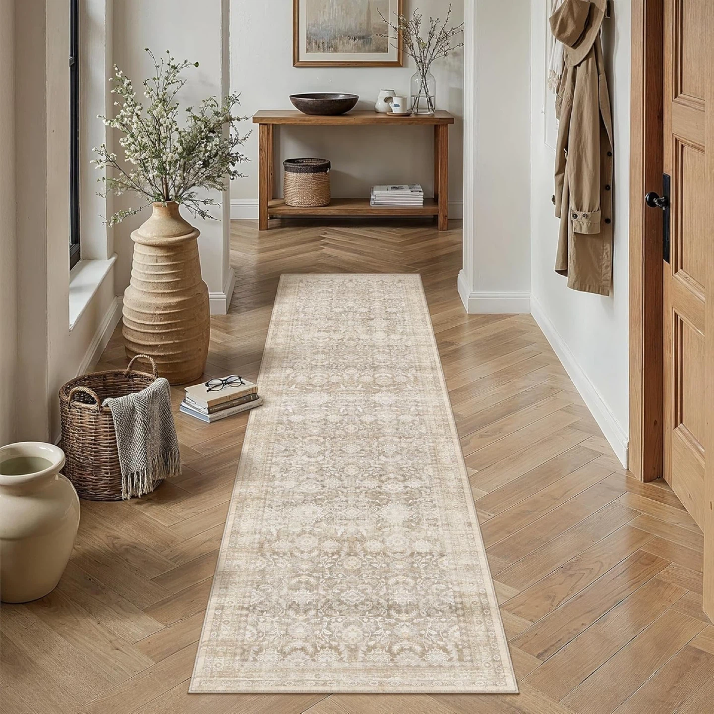 2x8 Beige Washable Hallway Rug Non-Slip Low Pile Throw Rug - photo 2