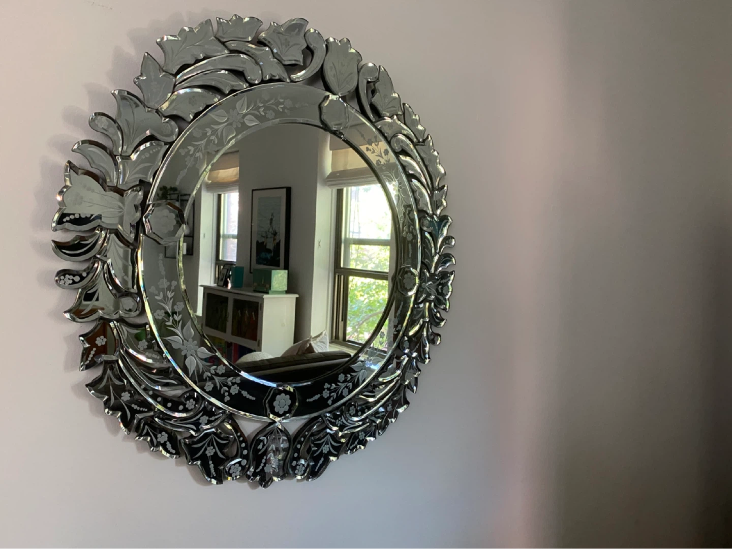 Round Wall Mirror with Floral Etching