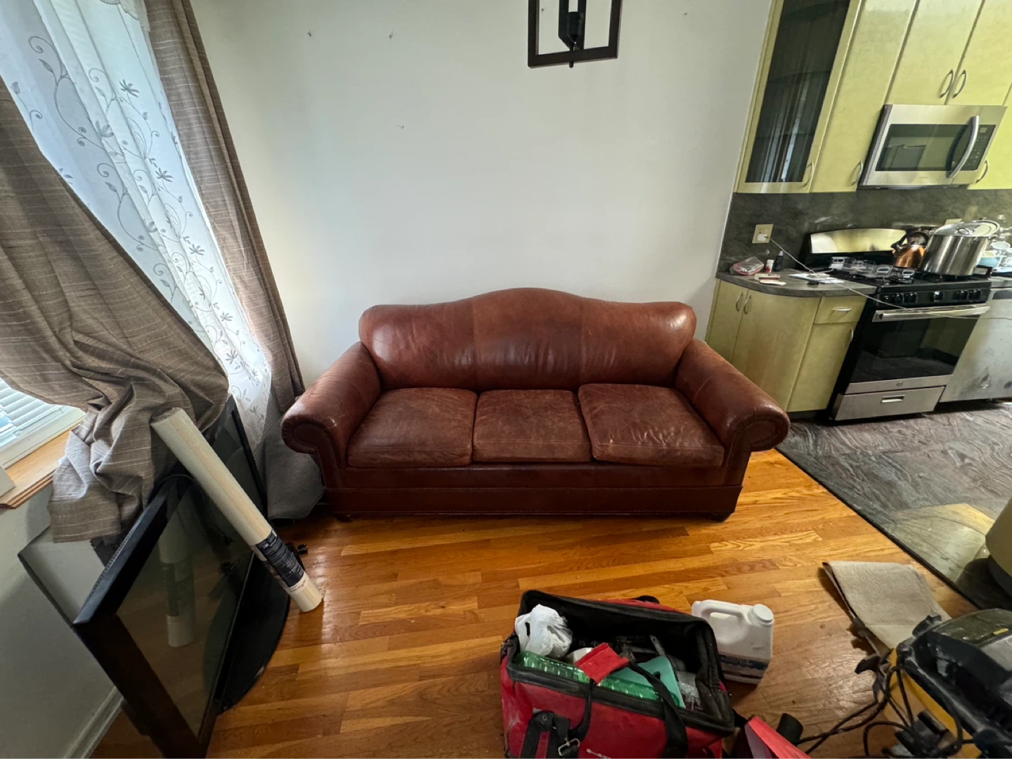 leather sofa bed and bed frame and mattress