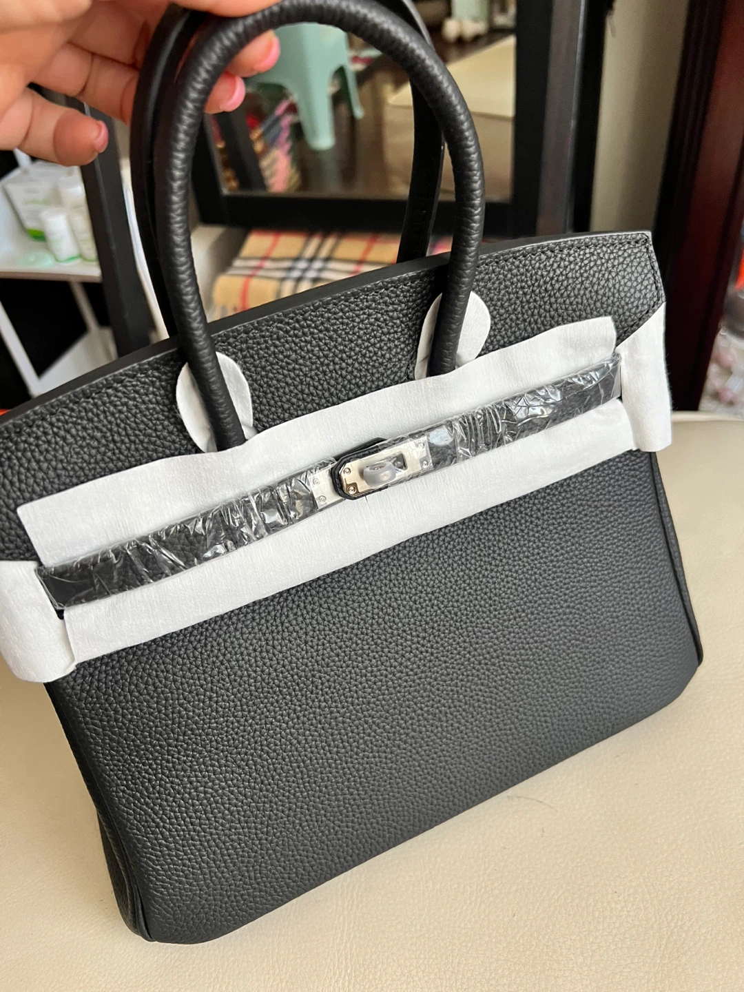 DIERNILU Black Leather Top Handle Bag