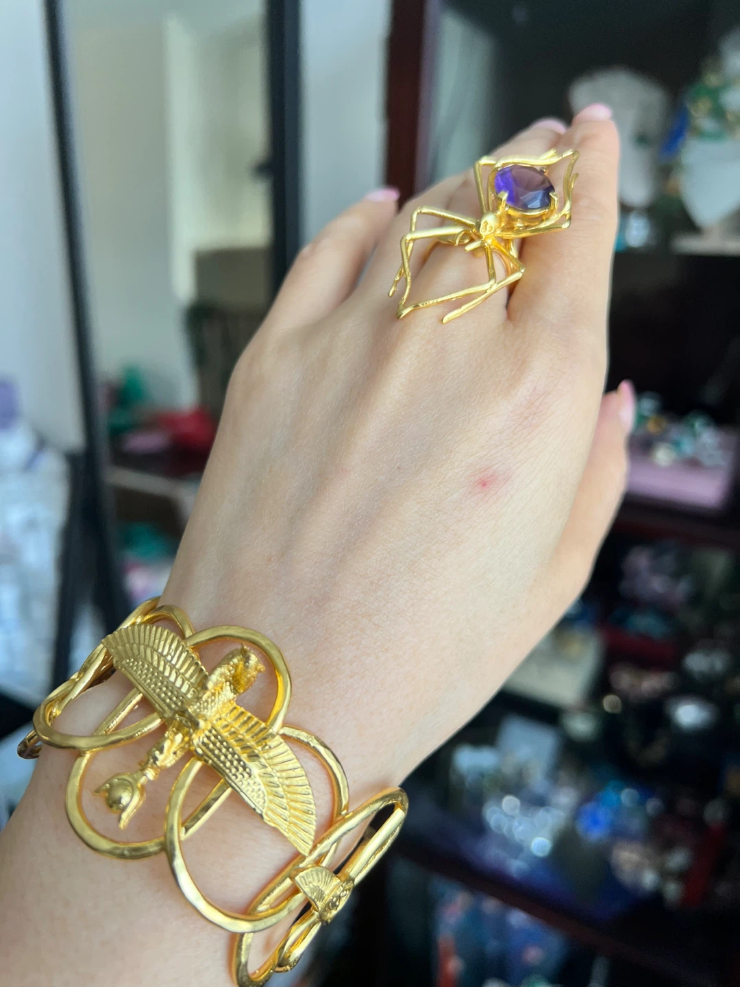 Gold Tone Egyptian Revival Style Bracelet and Earrings Set