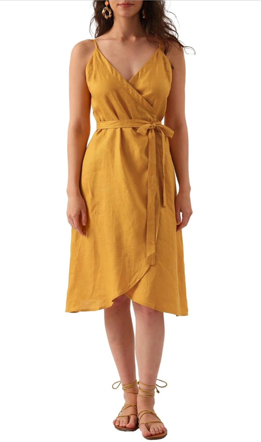 🍂 NEW WITH TAGS – Amazhiyu 100% Linen Wrap Midi Dress 🍂