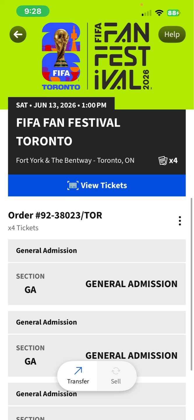 FIFA Fan Festival Toronto 2026 Tickets (4x General Admission)