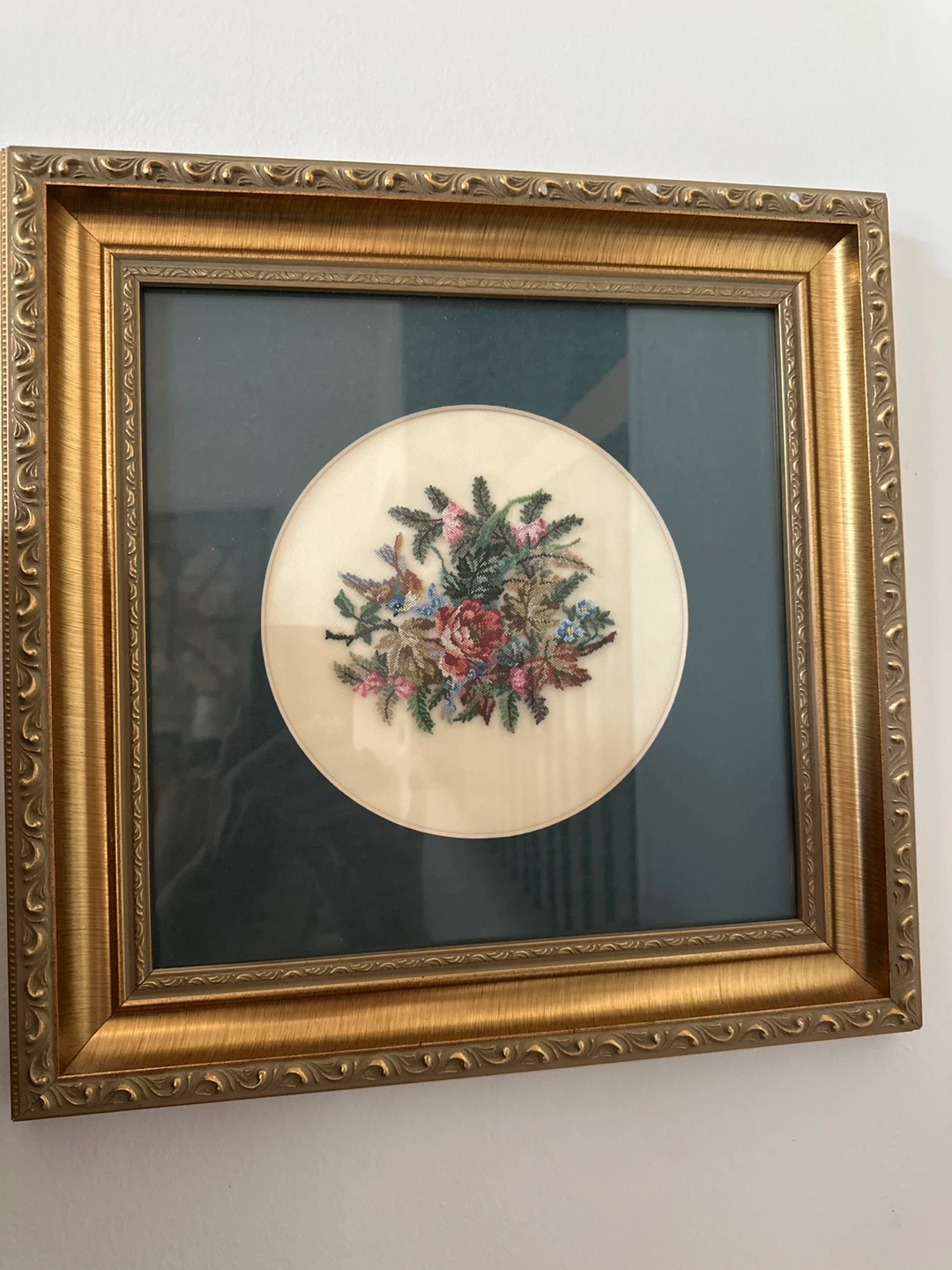 Framed Floral Embroidery Art Vintage
