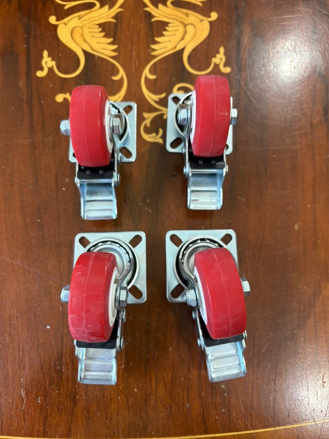 2-Inch Top Plate Swivel PU Casters with Brake, Red, 4-Pack