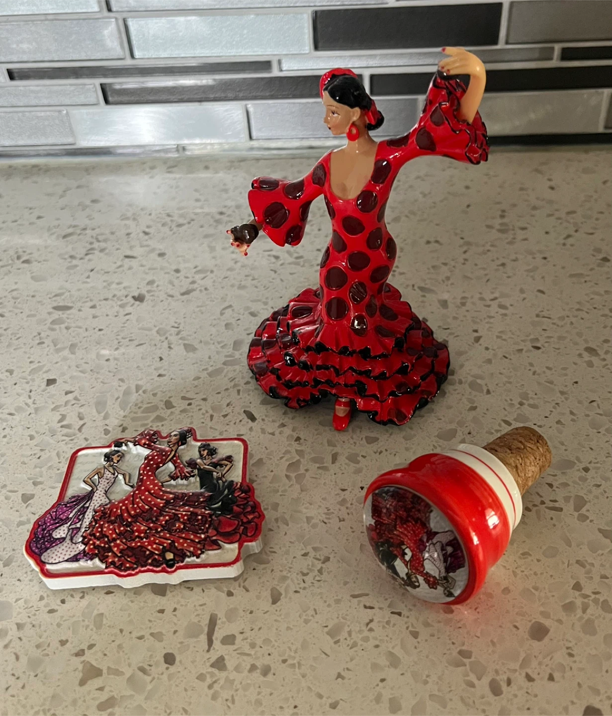 Flamenco dancer figure, bottle stopper and fridge magnet set