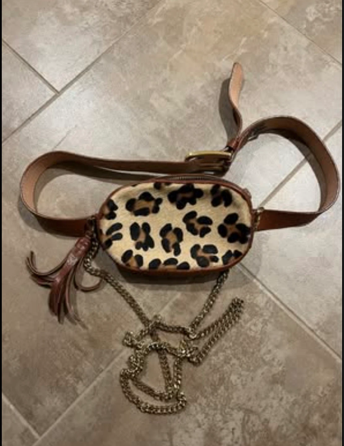 Brown & Leopard Print Belt Bag with Chain Strap