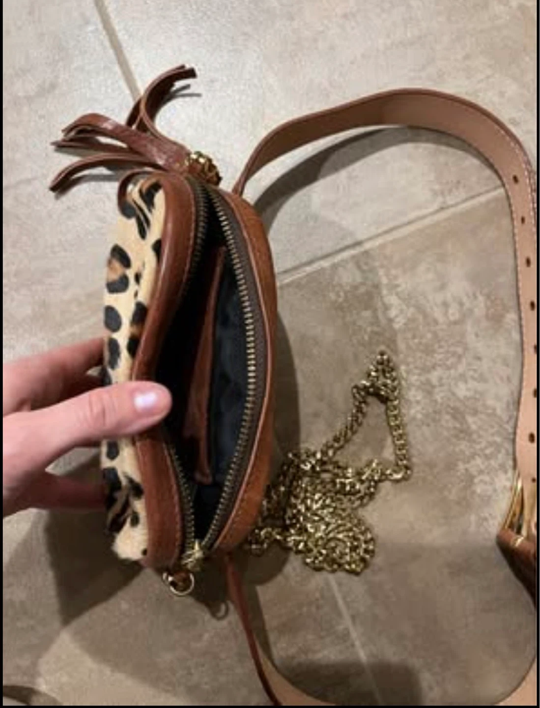 Brown & Leopard Print Belt Bag with Chain Strap - photo 3