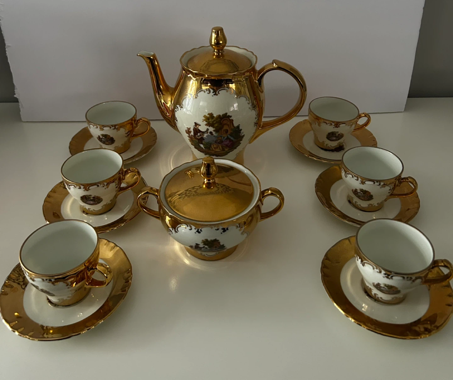 Vintage Porcelain Teapot and Cups Set - Gold & White