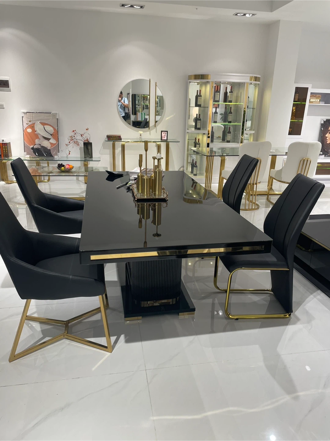 Black Dining Table with Gold Accents with 6 chairs