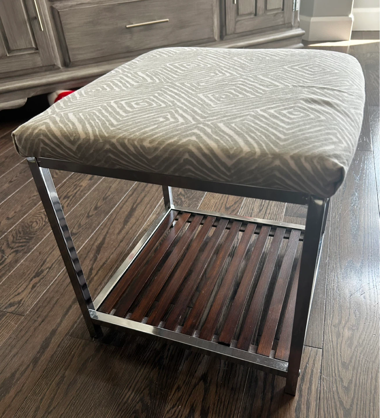 Upholstered Stool with Lower Shelf