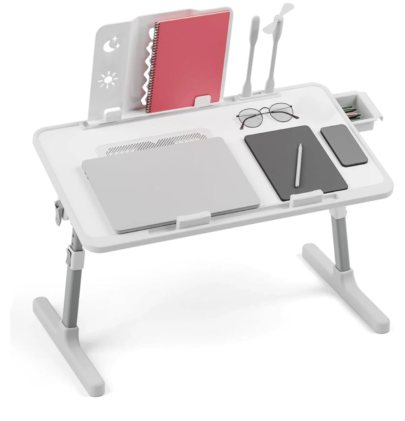 Adjustable Laptop Bed Tray Table with Fan and Lights