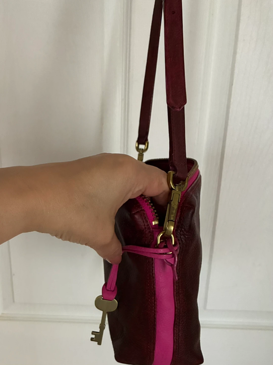 Fossil Leather Crossbody Bag Burgundy/Pink - photo 3