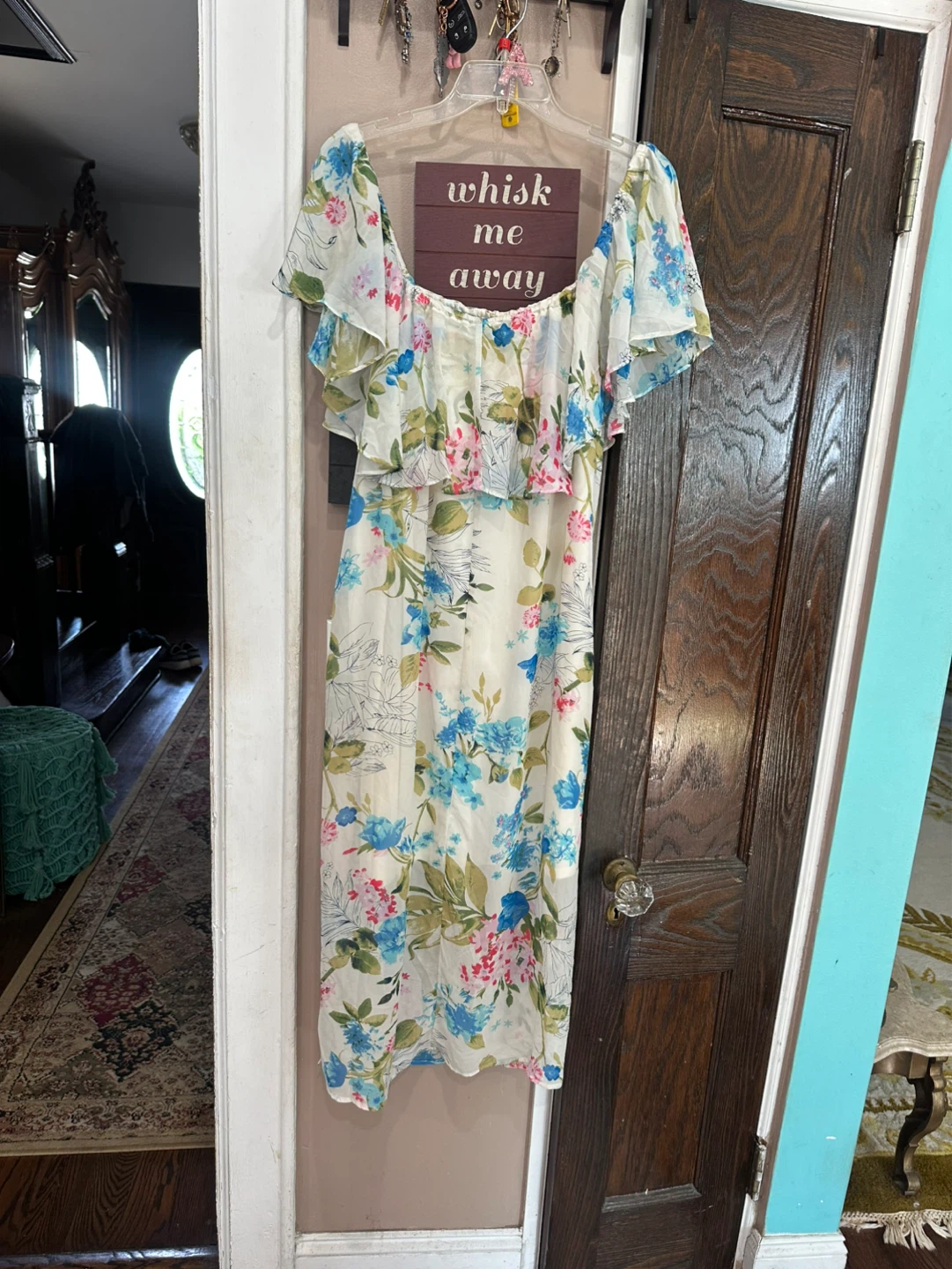 Cream Floral Ruffle Summer Dress with Blue & Pink Flowers - photo 5