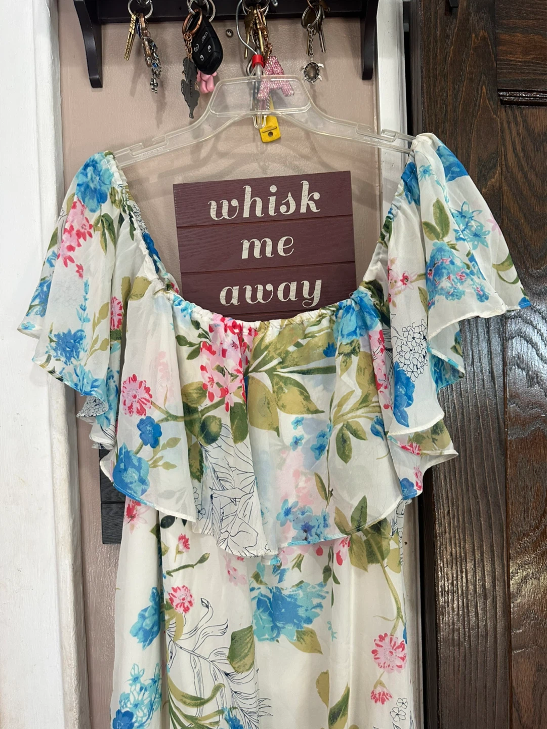 Cream Floral Ruffle Summer Dress with Blue & Pink Flowers - photo 2