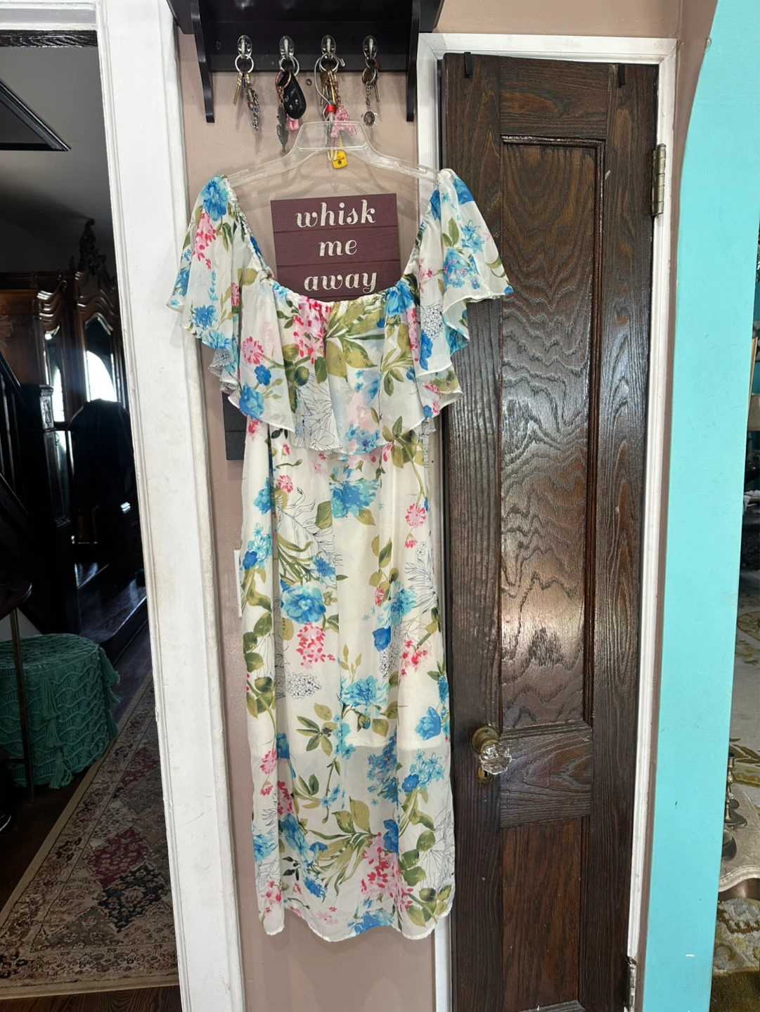 Cream Floral Ruffle Summer Dress with Blue & Pink Flowers - photo 3