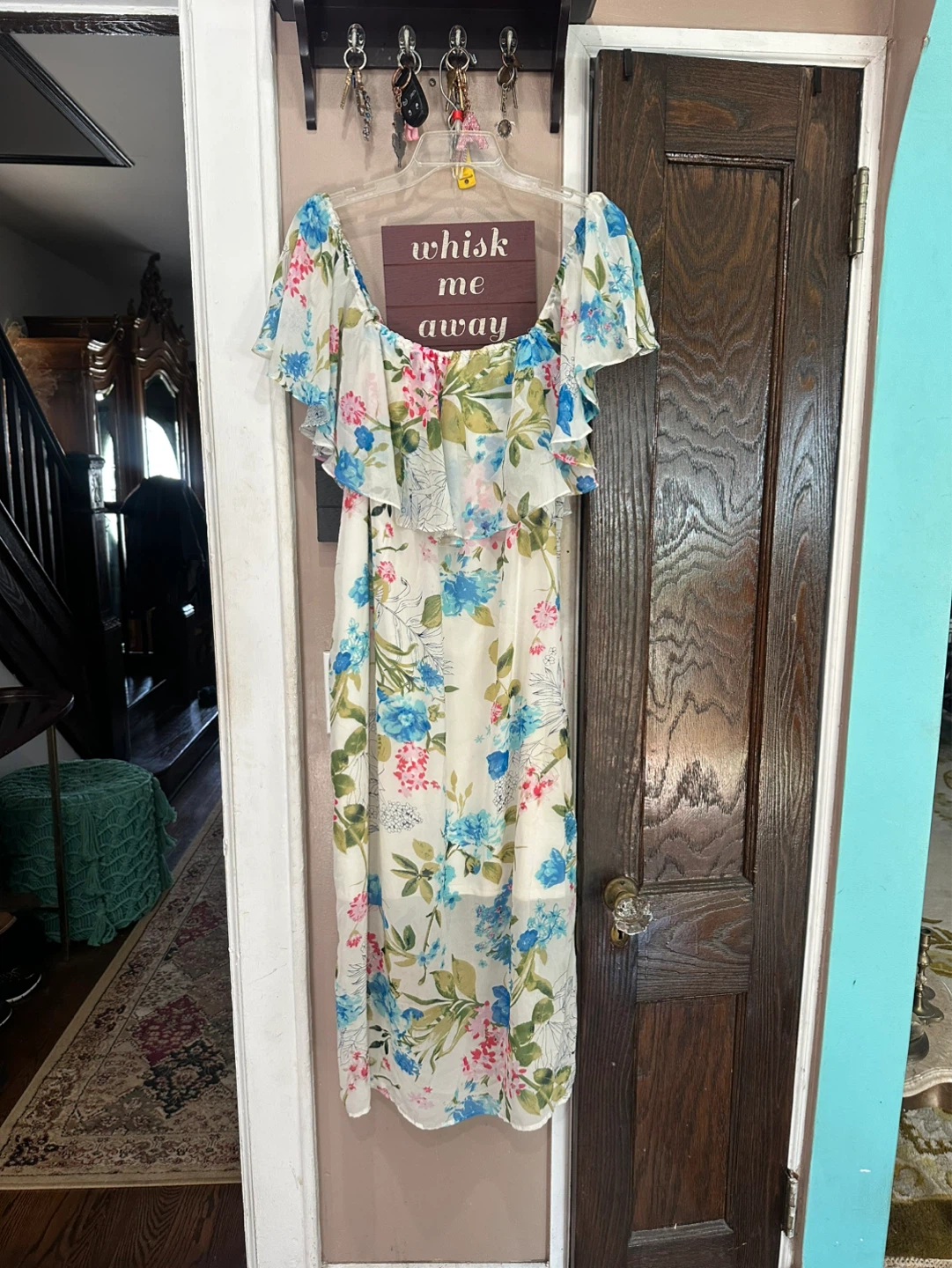Cream Floral Ruffle Summer Dress with Blue & Pink Flowers