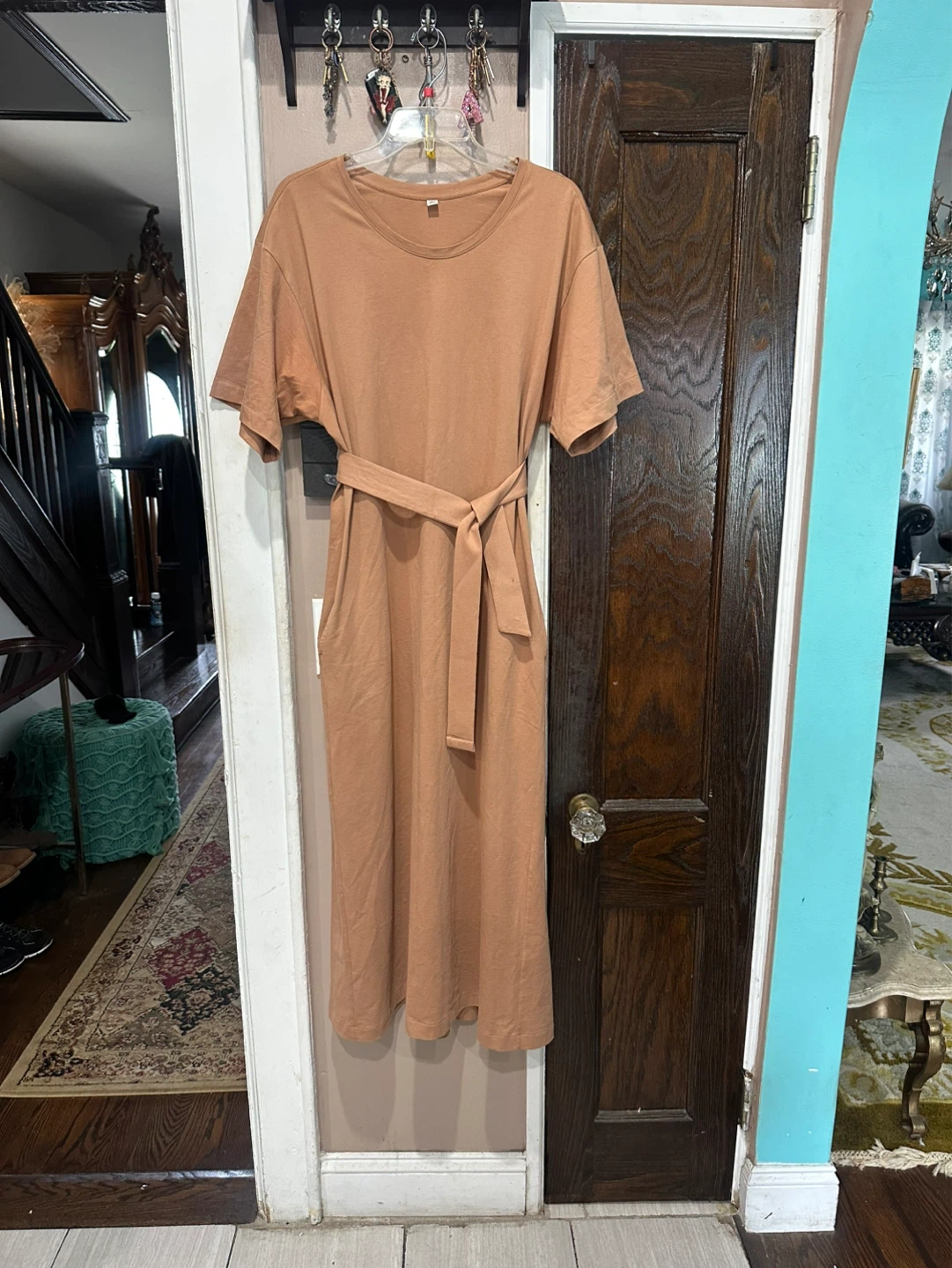 Uniqlo Tan Short-Sleeve Midi Dress with Waist Tie
