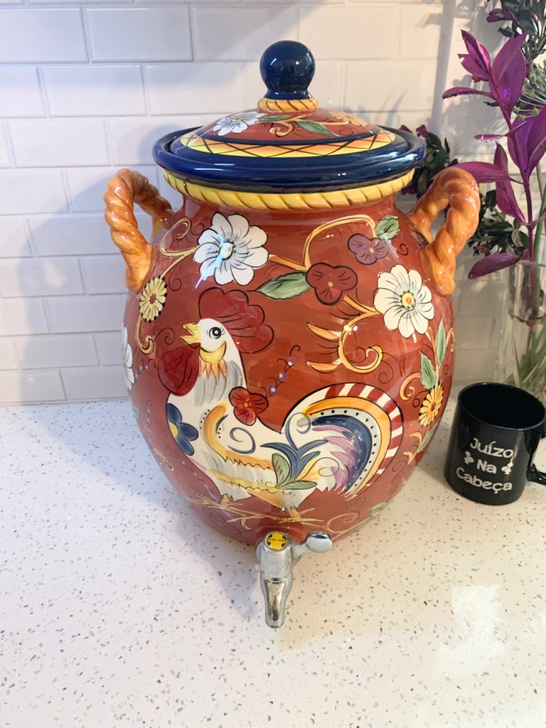 Hand-Painted Italian Ceramic Rooster Beverage Dispenser - photo 2
