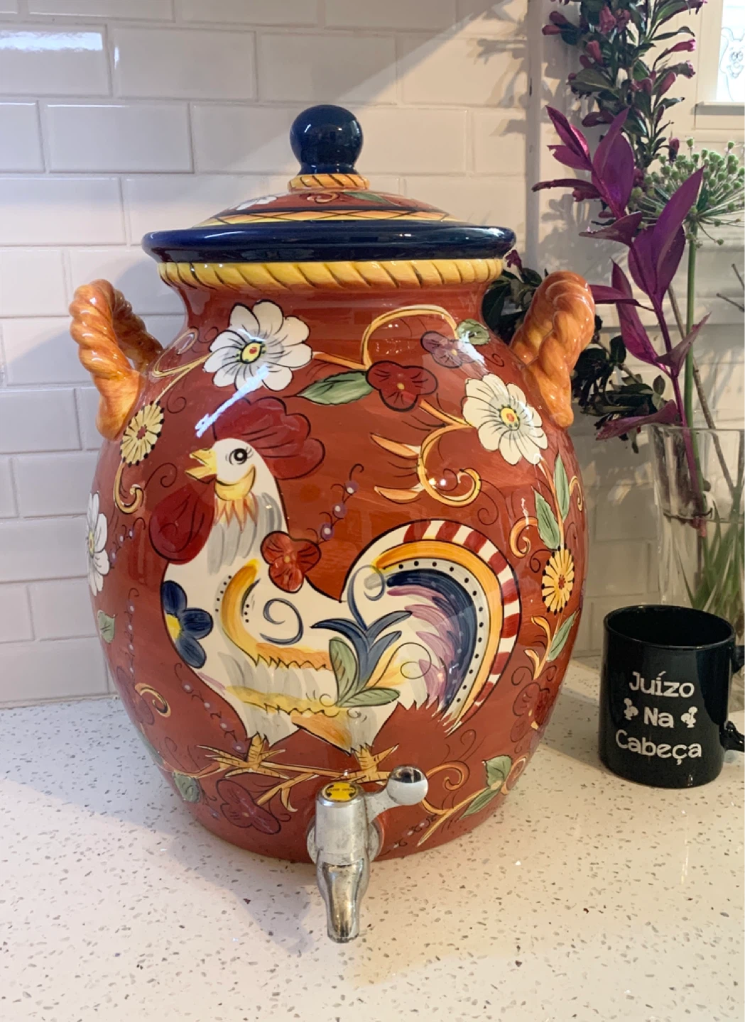 Hand-Painted Italian Ceramic Rooster Beverage Dispenser