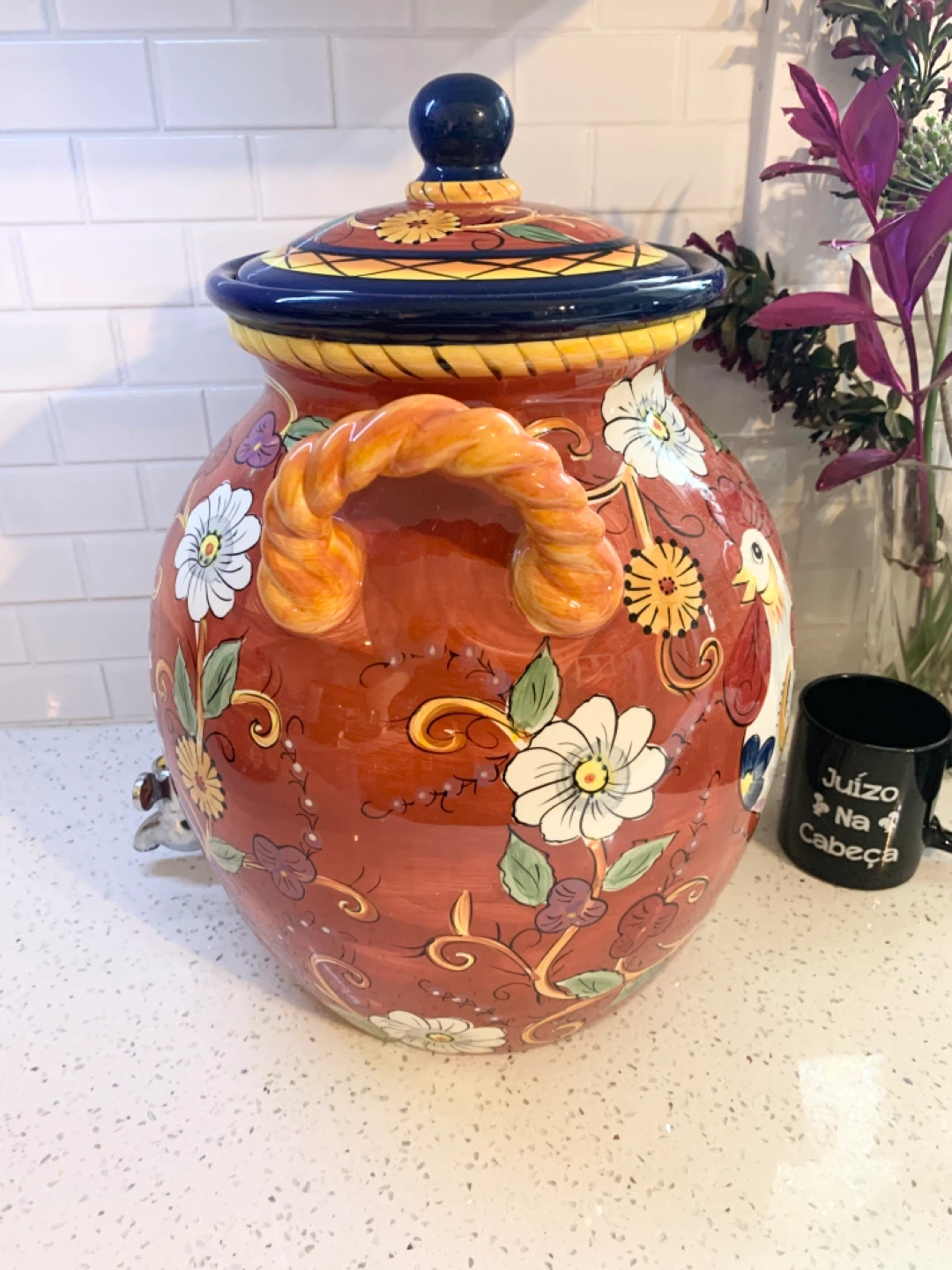 Hand-Painted Italian Ceramic Rooster Beverage Dispenser - photo 3