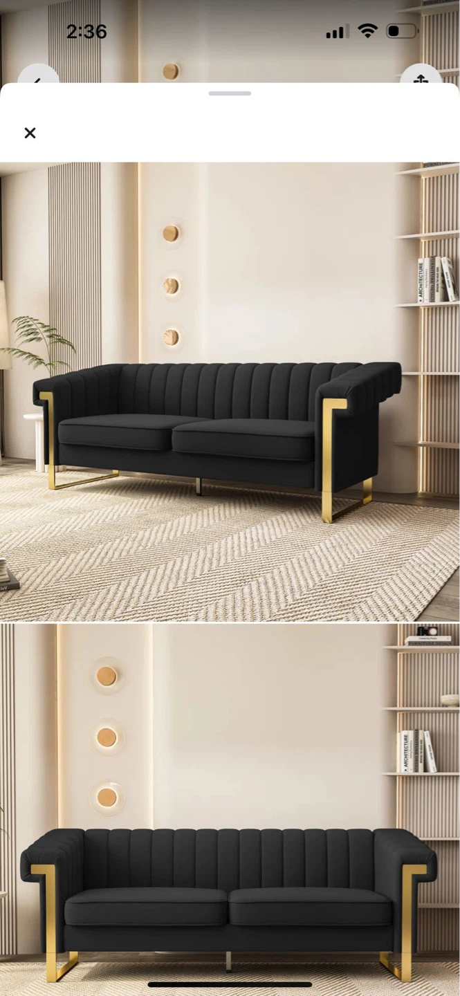 Black Velvet Sofa with Gold Trim
