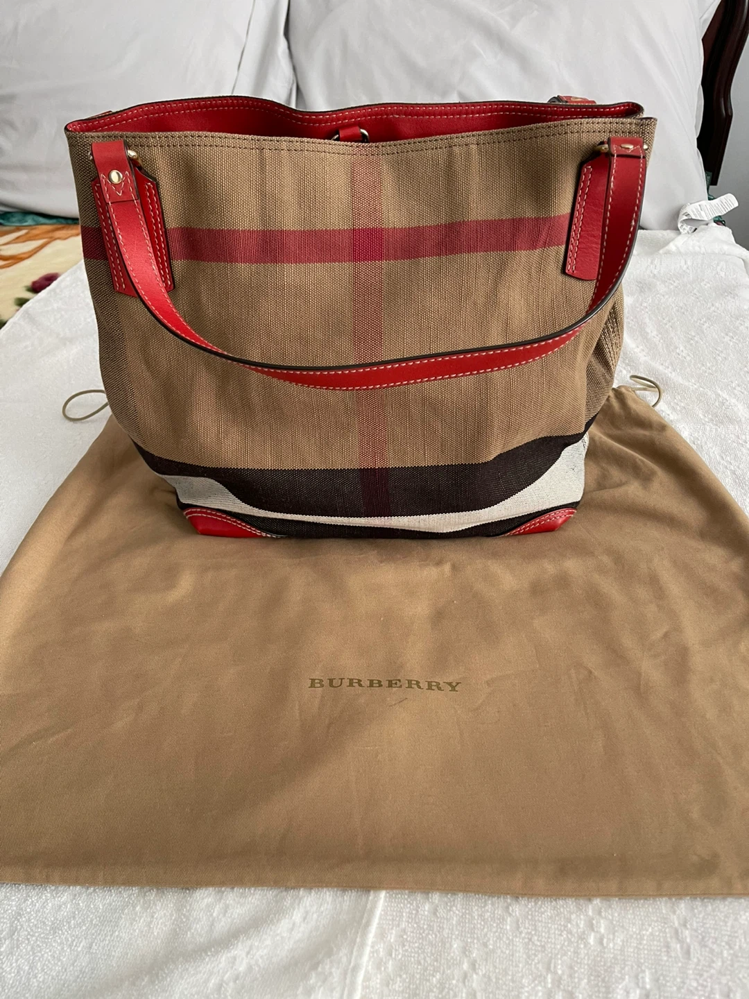 Burberry Tote Bag with Red Leather Accents