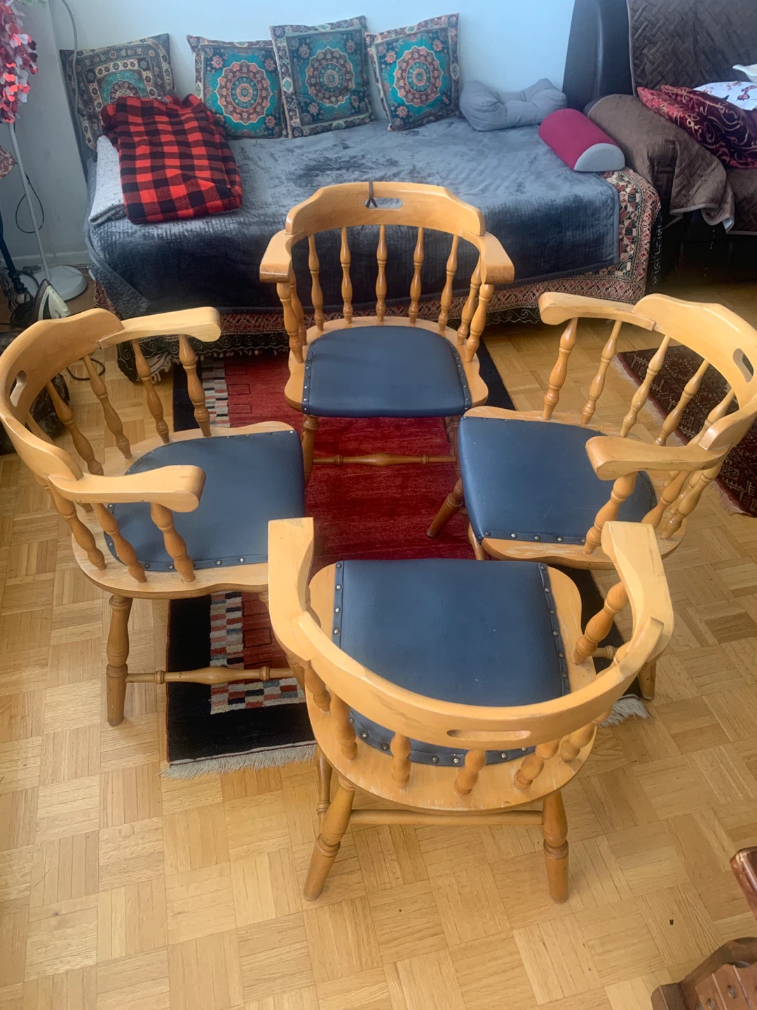 Set of 4 Wooden Dining Chairs with Blue Upholstery